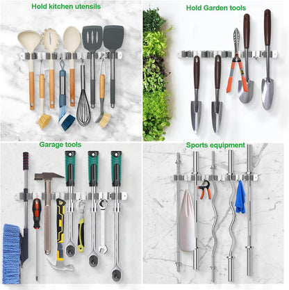 voze 5 Racks and 4 Hooks Mop and Broom Holder Wall Mount, Self Adhesive Heavy Duty Broom Hanger Organizer Storage Tool Racks for Kitchen Garden Laundry Garage