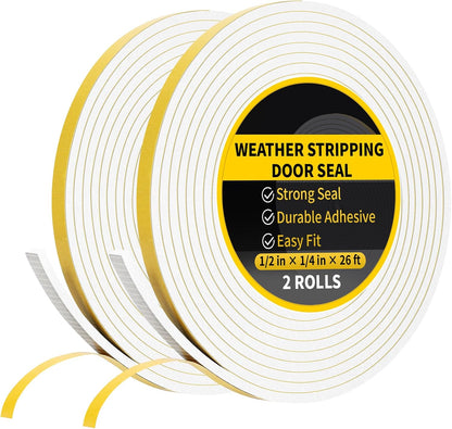 26Ft Weather Stripping Door Seal - 1/2" x 1/4" Door Seal Strip for Door Frame, High Density Foam Insulation Tape, Self Adhesive, Soundproof Gap Filler for Doors, Windows, Sliding & AC Units, White