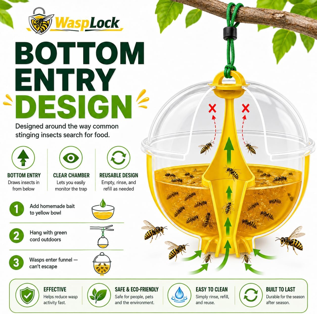 Wasp Trap Outdoor Hanging 3 Pack – Reusable Yellow Jacket & Hornet Catcher, No-Escape Funnel Design, Chemical-Free for Patio Garden BBQ Yard