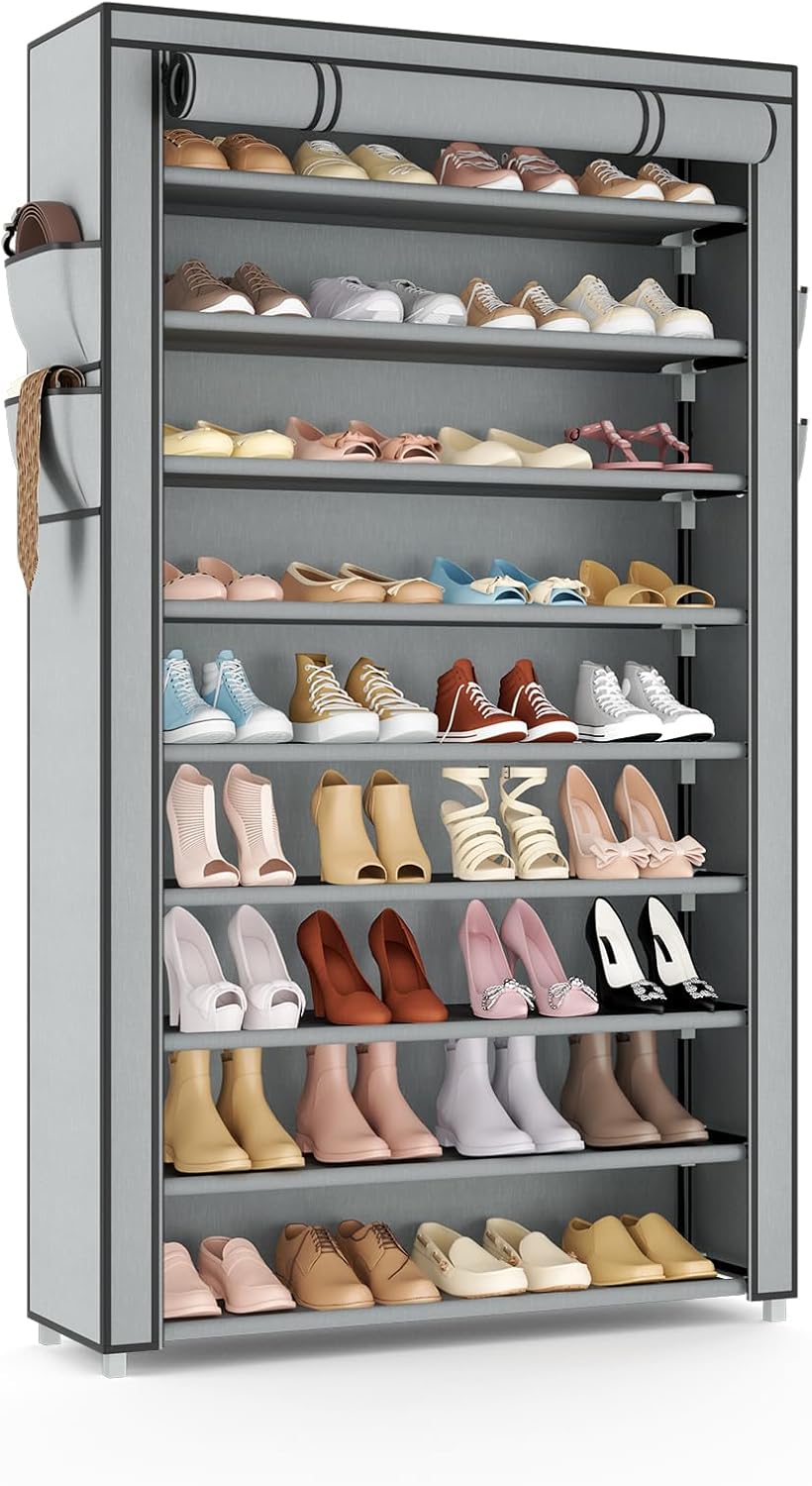 VILICK Shoe Rack with Cover Narrow Shoe Organizer with 4 Side Pockets 10 Tier Tall Shoe Storage Holds 18-22 Pairs Shoes and Boots Shoe Rack for Closet Entryway Garage