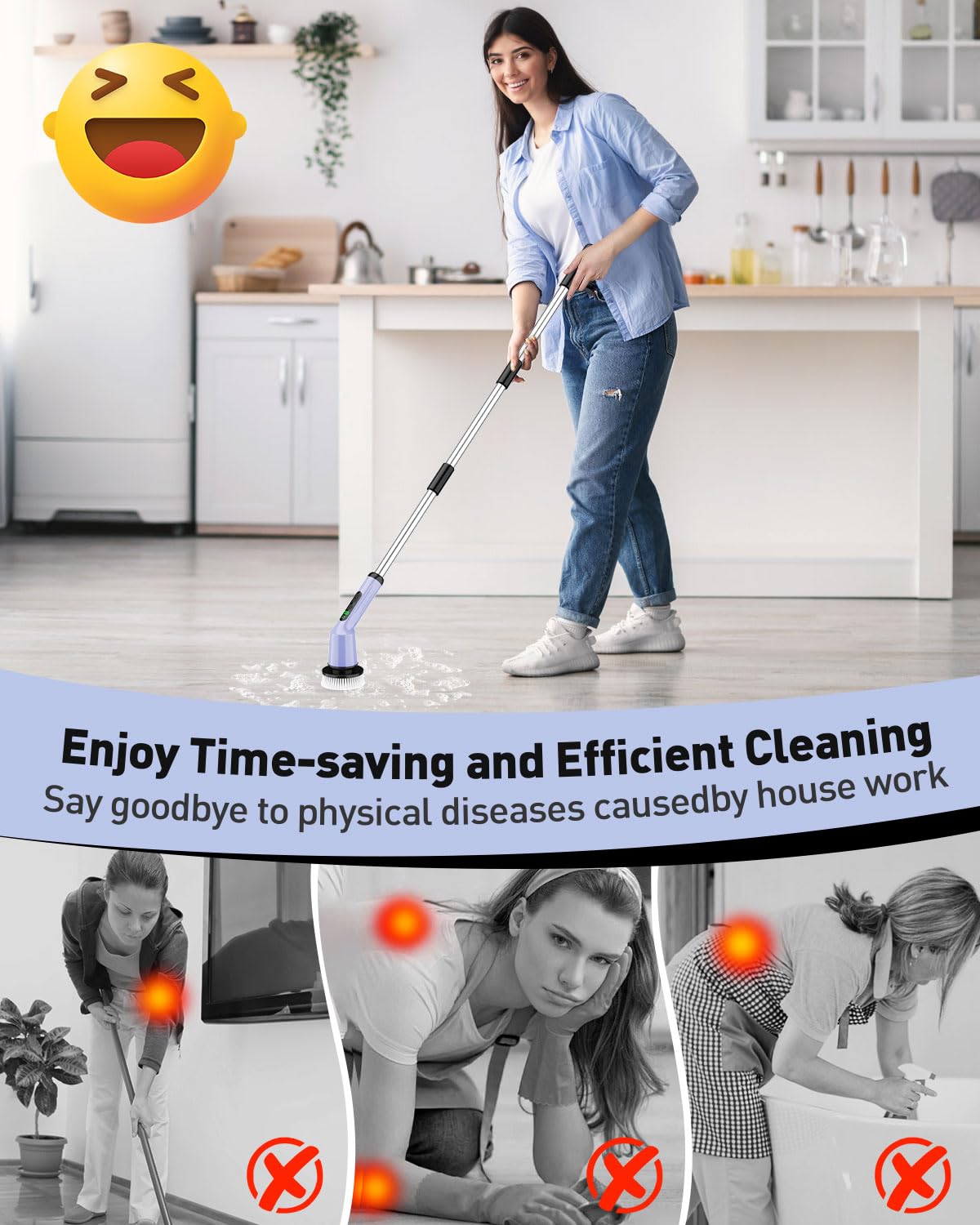 Shower Scrubber with Long Handle, Shower Cleaner Brush with 8 Floor Machine Pads, Cordless Electric Spin Scrubber for Cleaning with 2 Speed, Cleaning Supplies for Bathroom Bathtub Kitchen Floor Tile