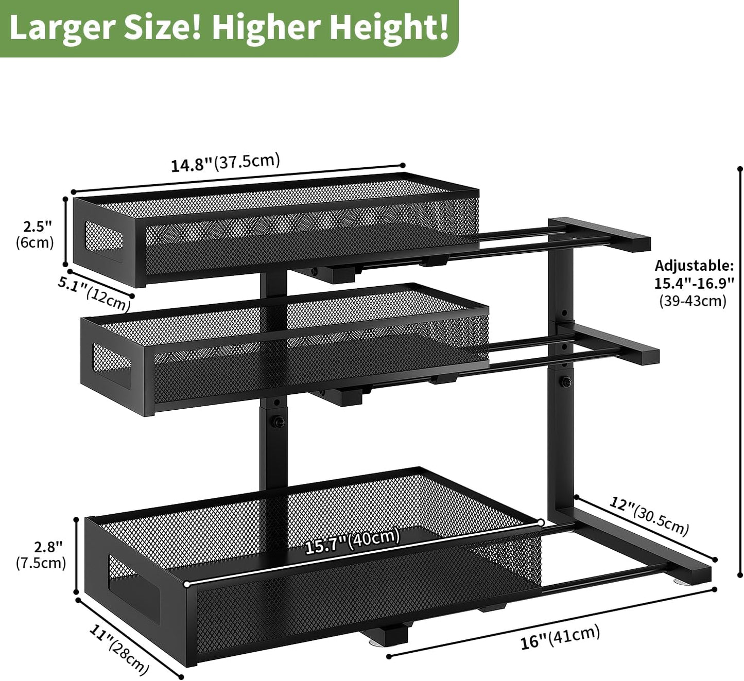 3-Tier Under Sink Organizer,2 Pack Height Adjustable Pull Out Cabinet Organizer Shelf, Thickened Metal Slide out Storage Drawer Rack for Bathroom Laundry Room Kitchen Pantry Organization (White)
