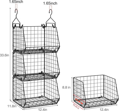 X-cosrack 3-Tier Hanging Closet Organizer, Laundry Room Organization | Space Saving Shelves with 1.65" Hook & 5 S-Hooks | Hanging Wire Baskets (12.4" W x 8.8" H x 10.24-11.8" D)