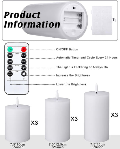 VIHOSE 9 Pack White Flameless Candles Set with Remote and Timer Flickering Flameless Battery Candles Flat Top LED Pillar for Wedding Outdoor Home Festival Decoration(D 3'' H 4'' 5'' 6'')