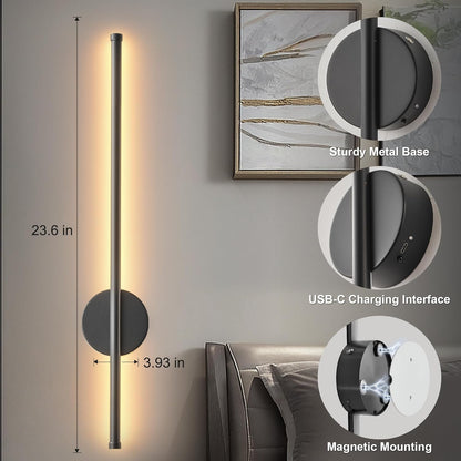 Battery Operated Modern Wall Sconces, Dimmable Wireless Wall Light Set of Two with Remote Control, 3 Color Temperatures, Rechargeable LED Wall Sconce for Bedroom, Living Room, Hallway, 23.6 Inch Brass