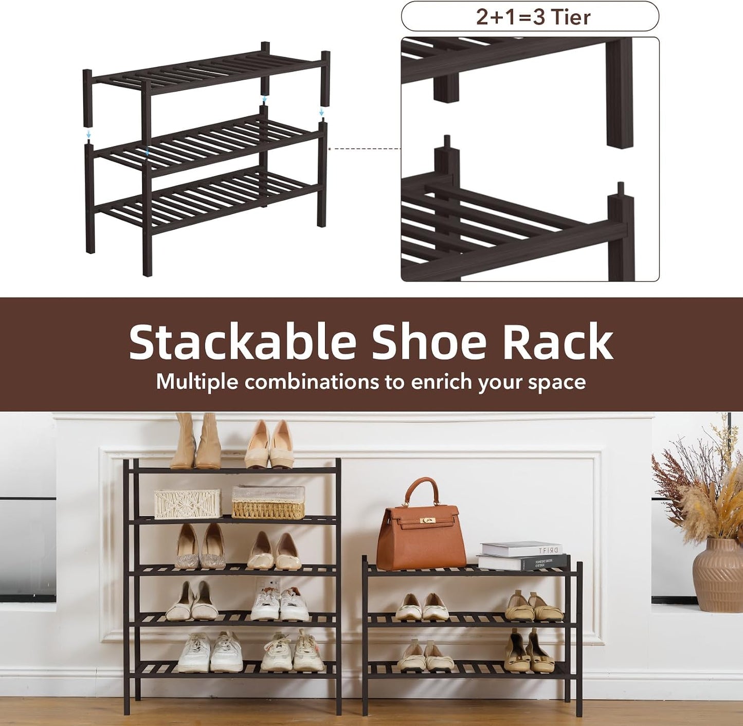 4 Tier Bamboo Shoe Rack Storage Organizer for Closet, Multifunctional Stackable Free Standing Shoe Shelf Organizer for Small Space,Entryway, Hallway, Bathroom27 x11 x26(White, 4 Tier)