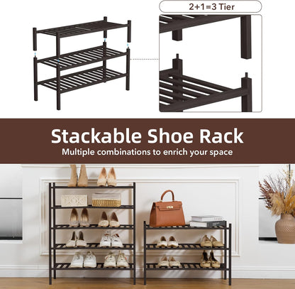 4 Tier Bamboo Shoe Rack Storage Organizer for Closet, Multifunctional Stackable Free Standing Shoe Shelf Organizer for Small Space,Entryway, Hallway, Bathroom27 x11 x26(White, 4 Tier)