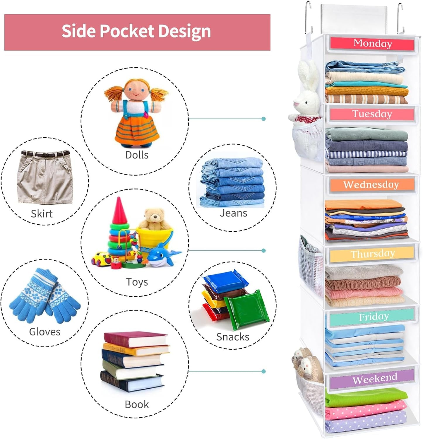Fixwal 6-Shelf Weekly Clothes Organizer for Kids, Kids Daily Shelf Hanging Closet Organizer with 6 Side Pockets, Days of The Week Hanging Storage Shelves (Pink)
