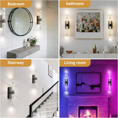 Crystal Battery Operated Wall Sconces Set of 2, Black Rechargeable Wireless Wall Light Fixtures with Remote Control, 3CCT and 12 RGB Dimmable Wall Lamps for Bedroom Living Room Hallway