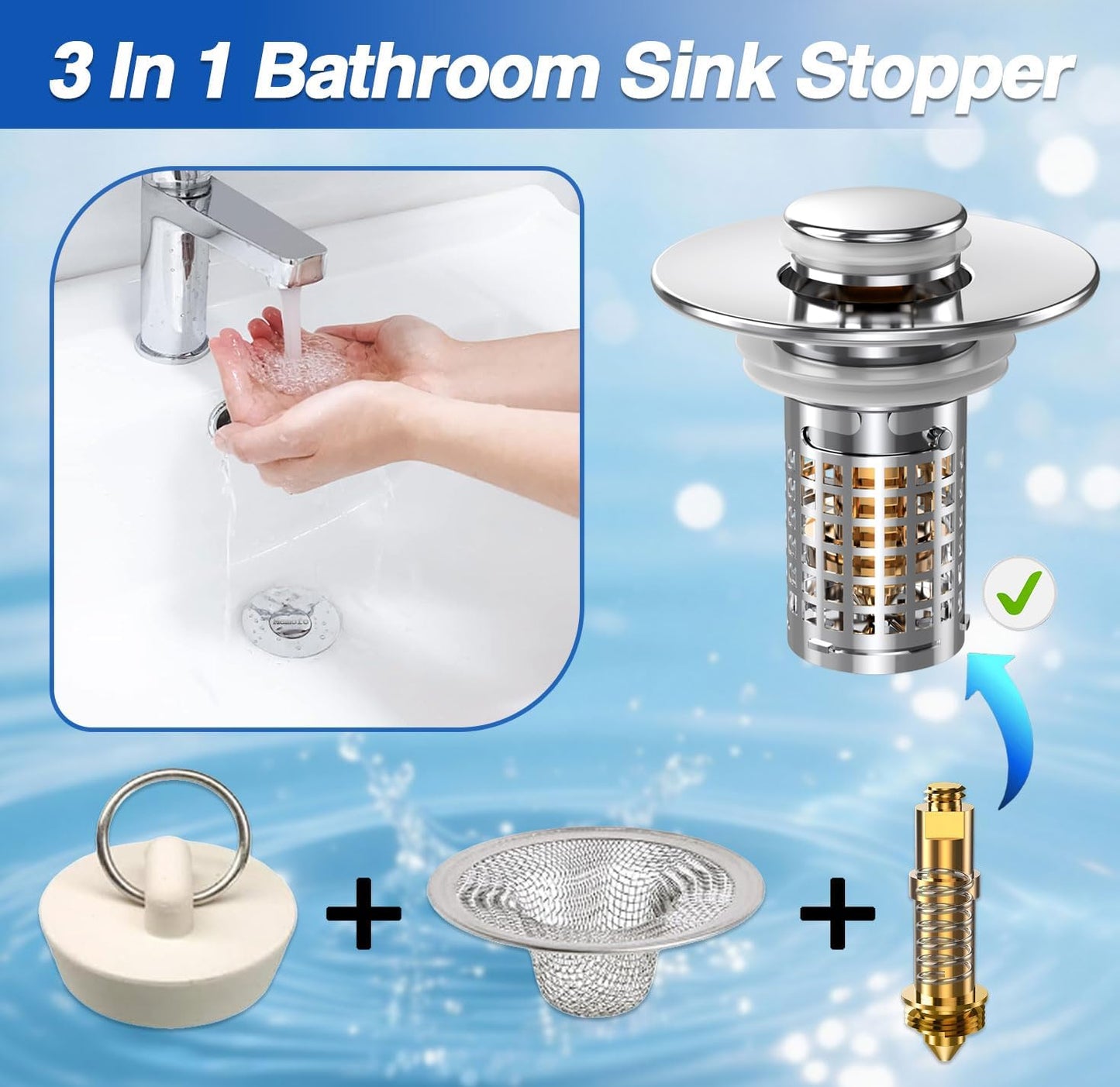 Bathroom Sink Stopper, Pop-up Sink Drain Strainer with Removable Stainless Steel Strainer Basket Hair Catcher, Bathroom Sink Strainer for Bathroom Sink Stopper (2PCS)