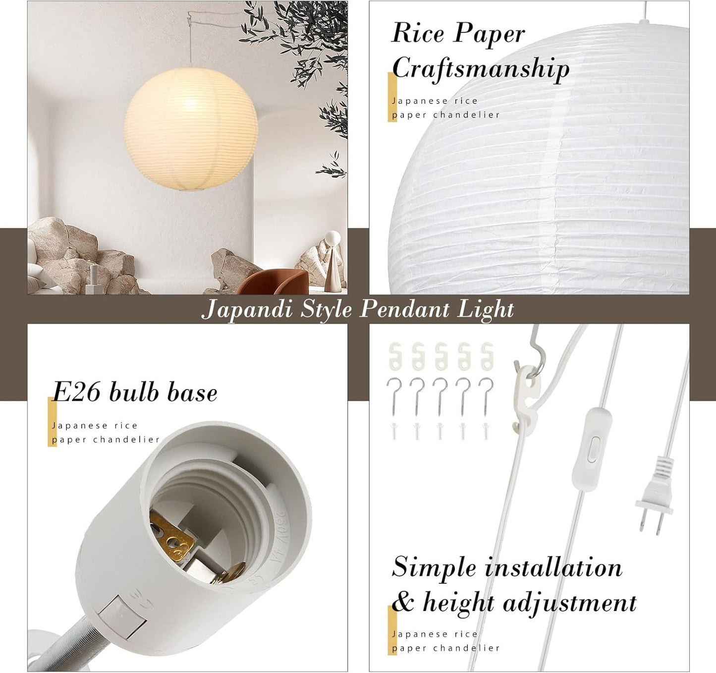 Paper Lantern Lamp Plug in Hanging Lamp 23.6in Off-White Rice Paper Pendant Light with 19.7FT Cord Large Globe Japanese Japandi Wabi Sabi Chandelier for Dining Living Room Bedroom 1 Pack