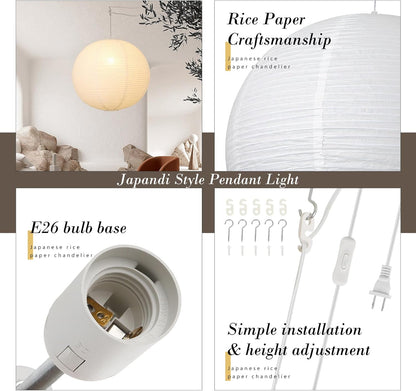 Paper Lantern Lamp Plug in Hanging Lamp 23.6in Off-White Rice Paper Pendant Light with 19.7FT Cord Large Globe Japanese Japandi Wabi Sabi Chandelier for Dining Living Room Bedroom 1 Pack
