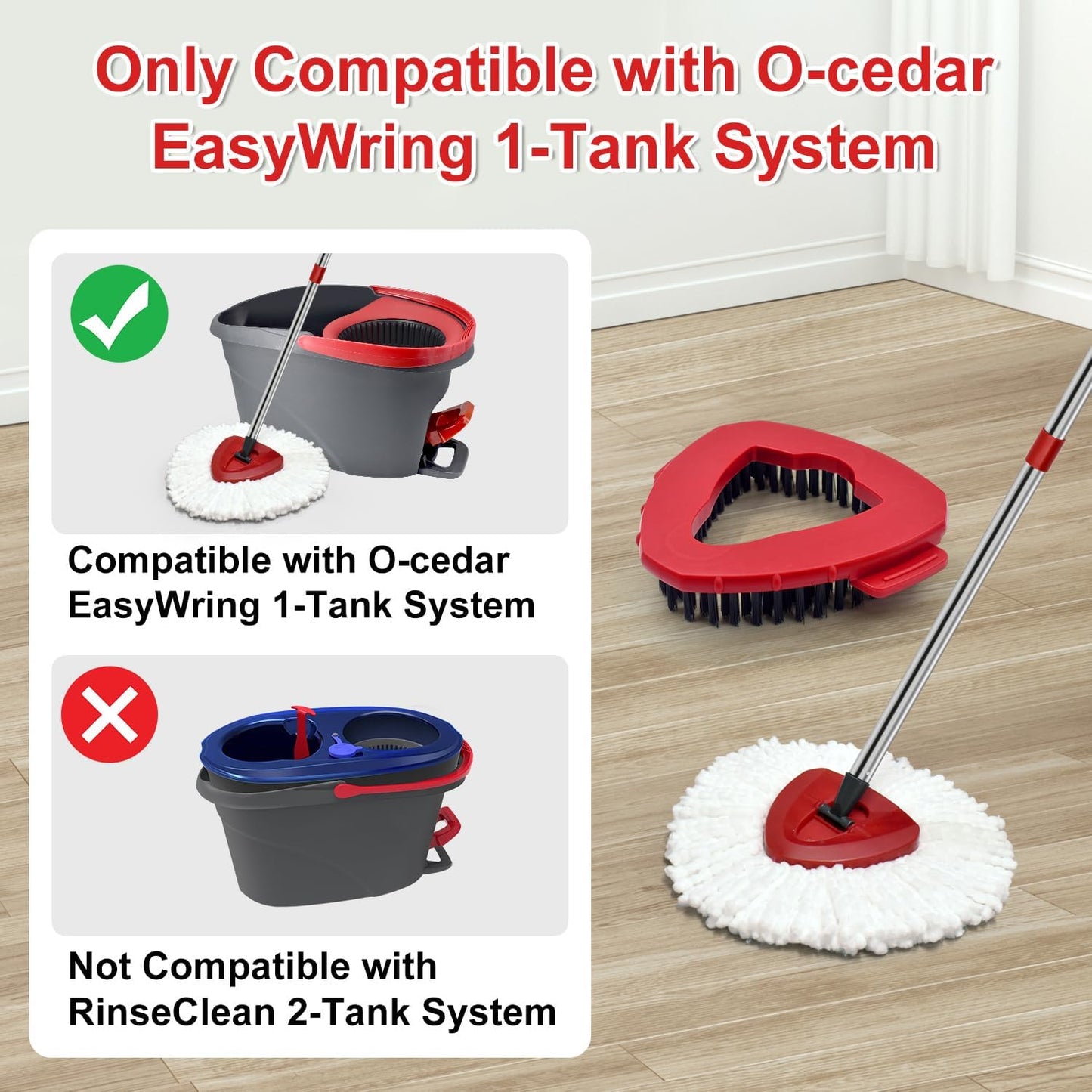 Mop Replace Heads Mop Handle and Base Replacement for O Cedar EasyWring 1-Tank Spin Mop System, 2 Microfiber Mops Refills, 4-Section Iron Mop Handle 30-58Inch and 1 Mopping Heads Cover Set (No Bucket)