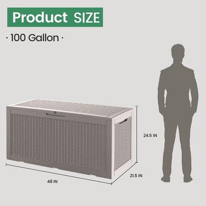 100 Gallon Storage Box, Waterproof Resin Deck Box with Hydraulic Piston Design, Lockable Storage Bench for Package Delivery, Storage Bin for Patio Cushions, Garden Tools, Black