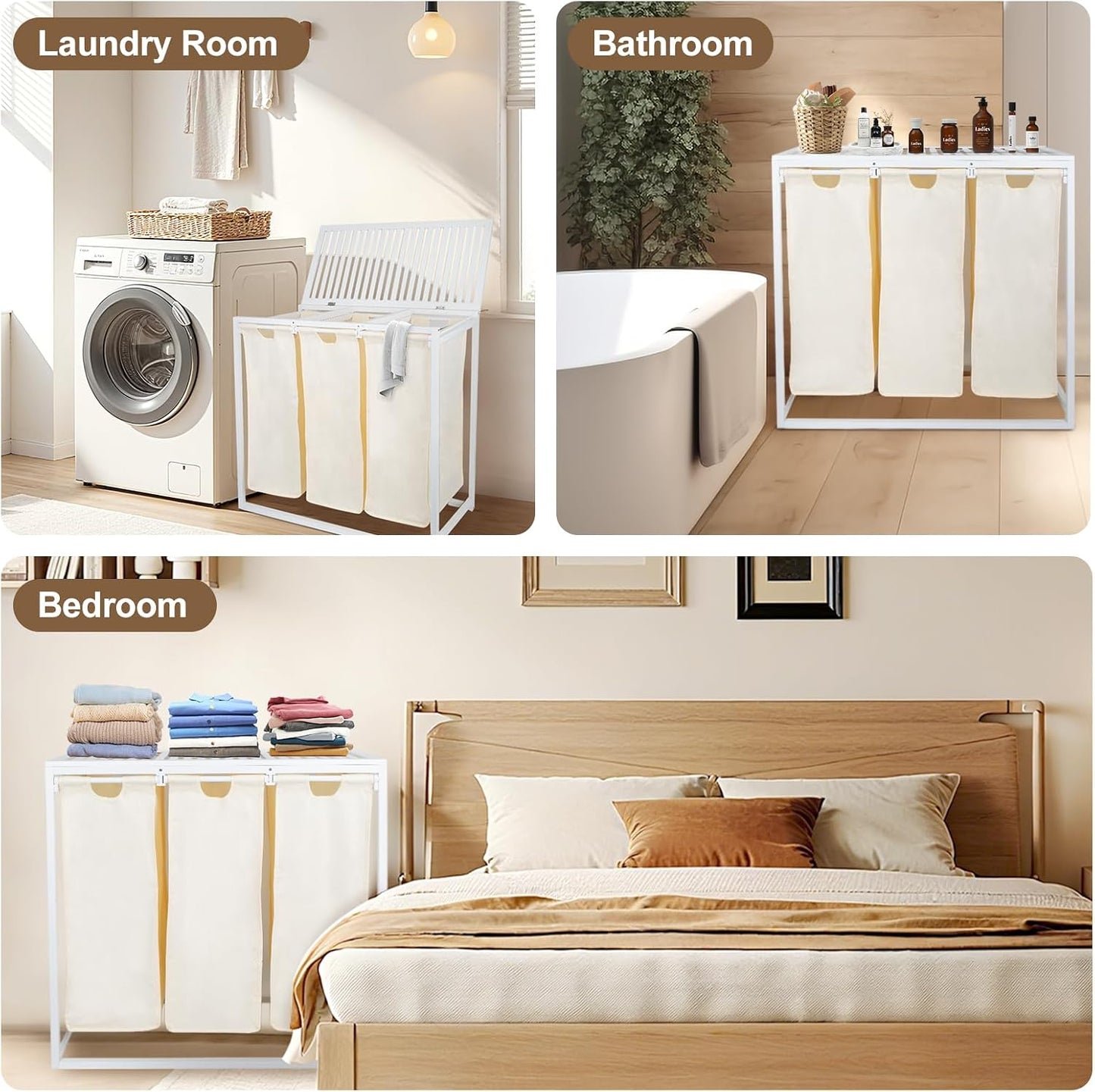 Bamboo Laundry Hamper 3 Section with Lid, 150L Laundry Sorter with Lockable Wheels, Pull-Out Removable Washable Bags, 3 × 12.5 Gal Divided Laundry Baskets for Laundry Room, Bathroom (White)