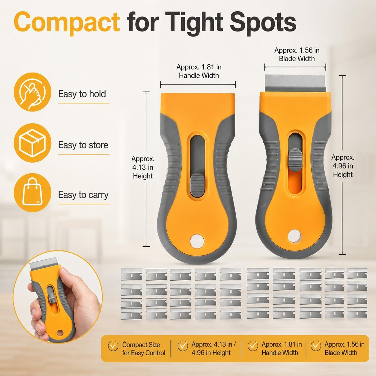 Razor Blade Scraper Set, 2 Safety-Lock Handles + 20 Steel Blades | Steel Blades Retract into Plastic Handles, Removes Stickers, Labels, Paint, Caulk and Residue From Windows, Cooktops and Tile