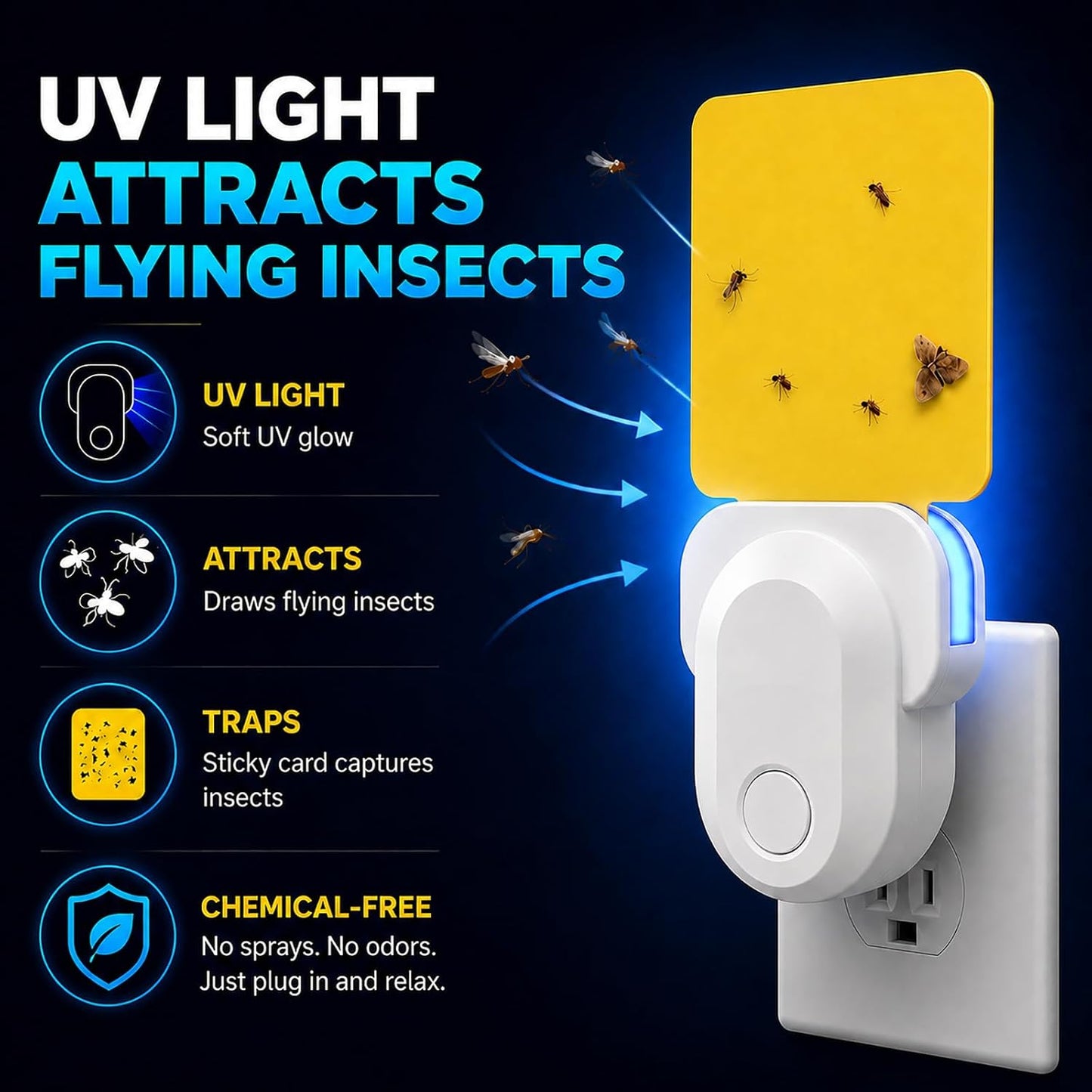 Flying Insect Trap Indoor Plug in, UV Light Fly Trap for Home | with 10 Sticky Glue Cards to Catch Fruit Flies, Gnats & Moths, Quiet Odor-Free Bug Catcher for Kitchen, Bedroom,Living Spaces