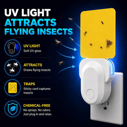 Flying Insect Trap Indoor Plug in, UV Light Fly Trap for Home | with 10 Sticky Glue Cards to Catch Fruit Flies, Gnats & Moths, Quiet Odor-Free Bug Catcher for Kitchen, Bedroom,Living Spaces