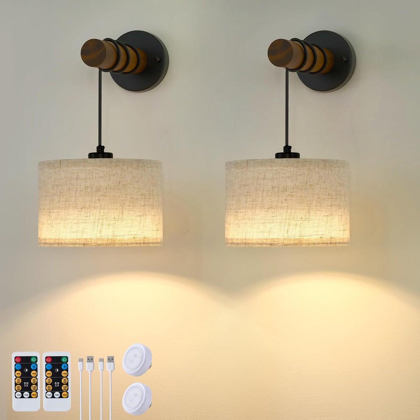 XSDeTu Rechargeable Battery Operated Wall Sconces Set of 2, Modern Battery Powered Wall Light with Wooden Arm & Remote Control, Adjustable 3 Colors Dimmable Wall Lamps for Bedroom, Living Room