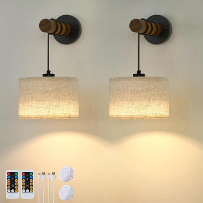 XSDeTu Rechargeable Battery Operated Wall Sconces Set of 2, Modern Battery Powered Wall Light with Wooden Arm & Remote Control, Adjustable 3 Colors Dimmable Wall Lamps for Bedroom, Living Room