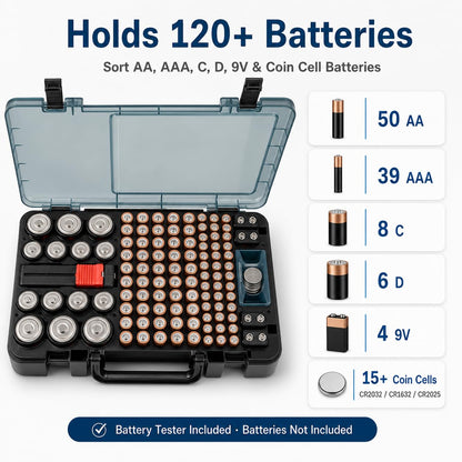 Xuerdon Battery Organizer Storage Case with Tester, 120+ Slots for Home | Hard Plastic for AA AAA C D 9V and Coin Cells, Wall-Mount/Drawer, Home Battery Managemt, Purple, Batteries Not Included