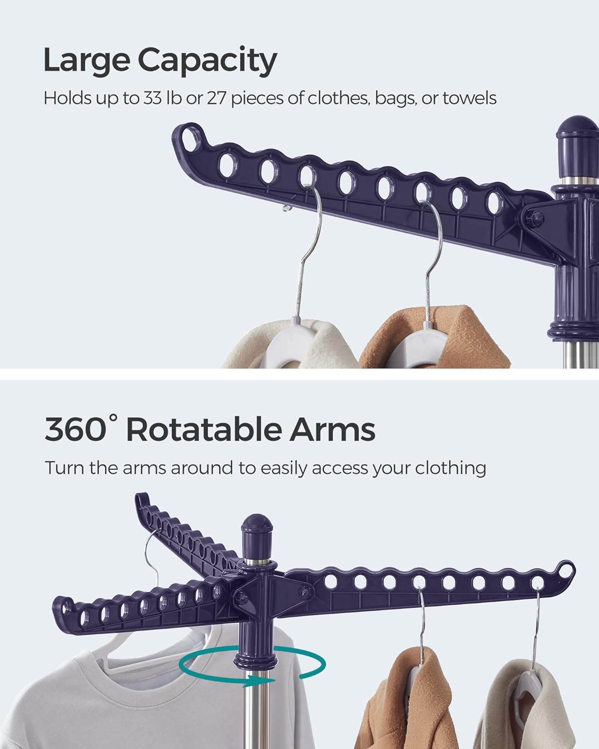 SONGMICS 2-Tier Clothes Drying Rack, 72-Inch Folding Laundry Drying Rack with 3 Rotatable Arms for Hangers, 24 Clips, Stainless Steel, for 27 Pieces of Clothes, Blue and Silver ULLR512Q01