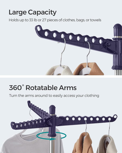 SONGMICS 2-Tier Clothes Drying Rack, 72-Inch Folding Laundry Drying Rack with 3 Rotatable Arms for Hangers, 24 Clips, Stainless Steel, for 27 Pieces of Clothes, Blue and Silver ULLR512Q01