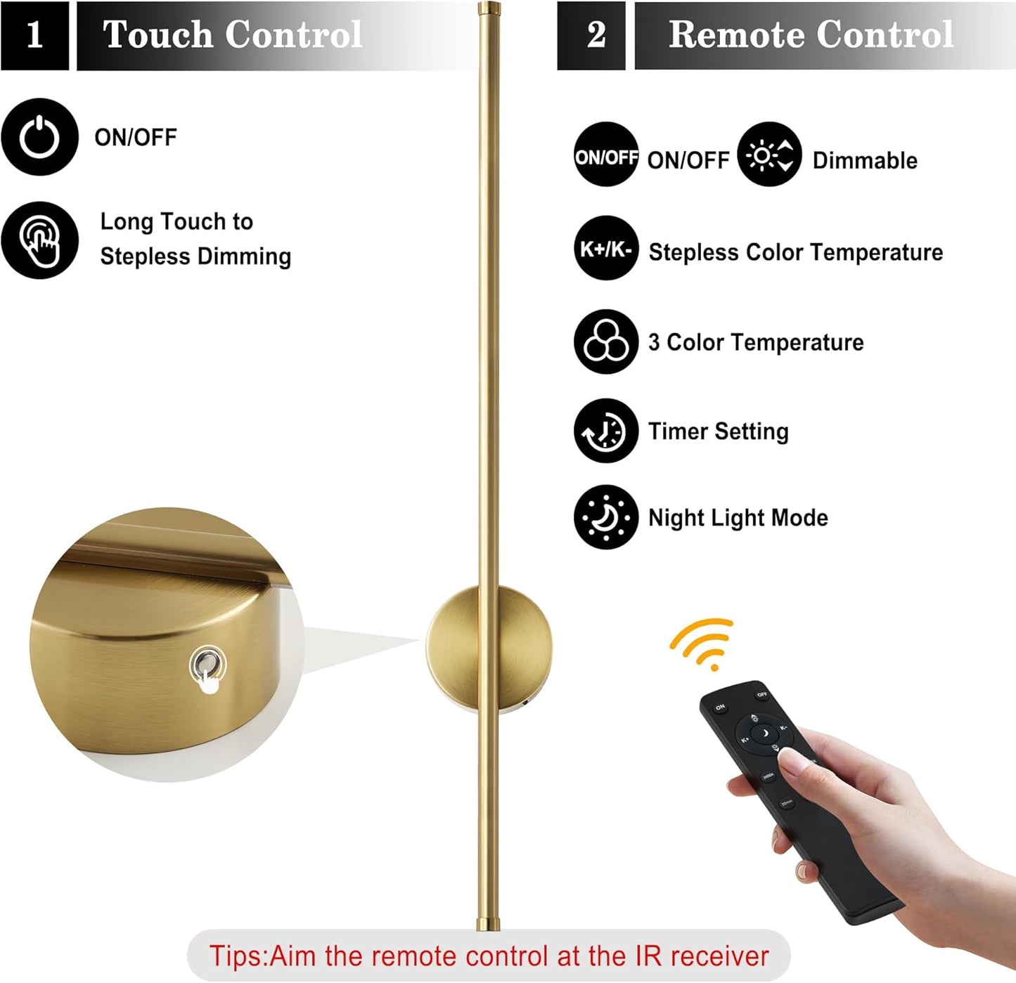 Battery Operated Modern Wall Sconces, Dimmable Wireless Wall Light Set of Two with Remote Control, 3 Color Temperatures, Rechargeable LED Wall Sconce for Bedroom, Living Room, Hallway, 23.6 Inch Brass
