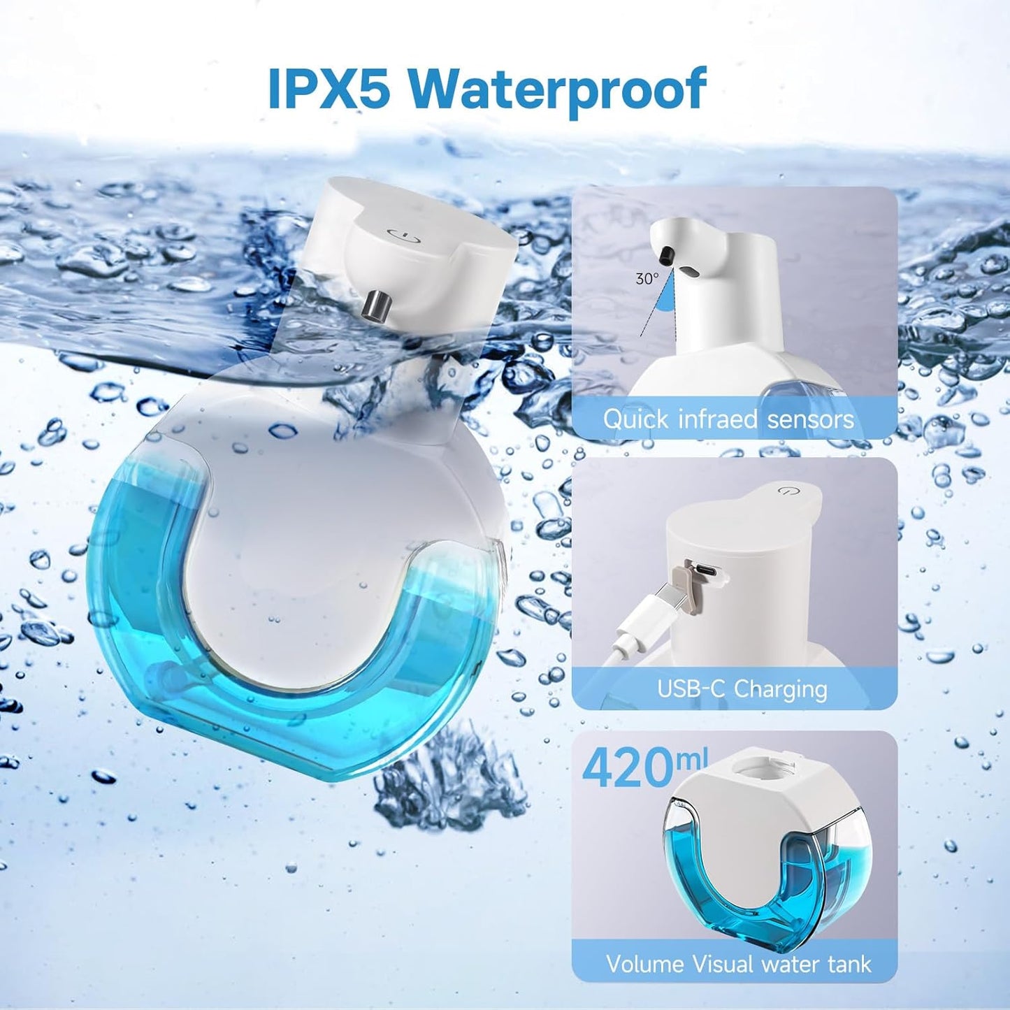 2 Pack Automatic Soap Dispenser,14.2oz/420ML Touchless Automatic Foaming Hand Soap Dispenser,Rechargeabled Wall Mounted Smart Pump for Bathroom Kitchen
