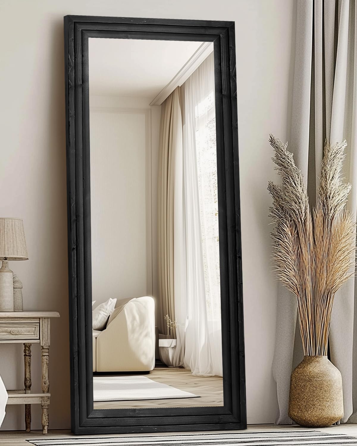 Full Length Mirror 65"x22" with Stand Solid Wood Frame Floor Large Mirror for Living Room, Bedroom Hanging Standing or Leaning Wall-Mounted, New Black