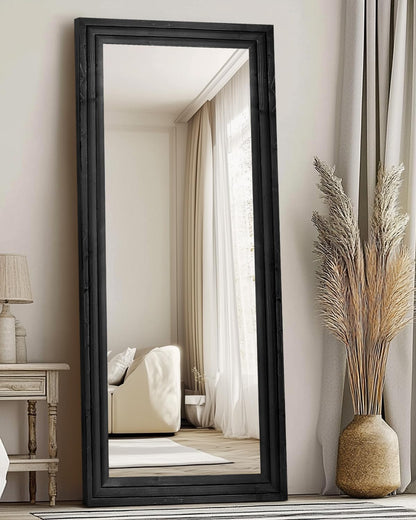 Full Length Mirror 65"x22" with Stand Solid Wood Frame Floor Large Mirror for Living Room, Bedroom Hanging Standing or Leaning Wall-Mounted, New Black