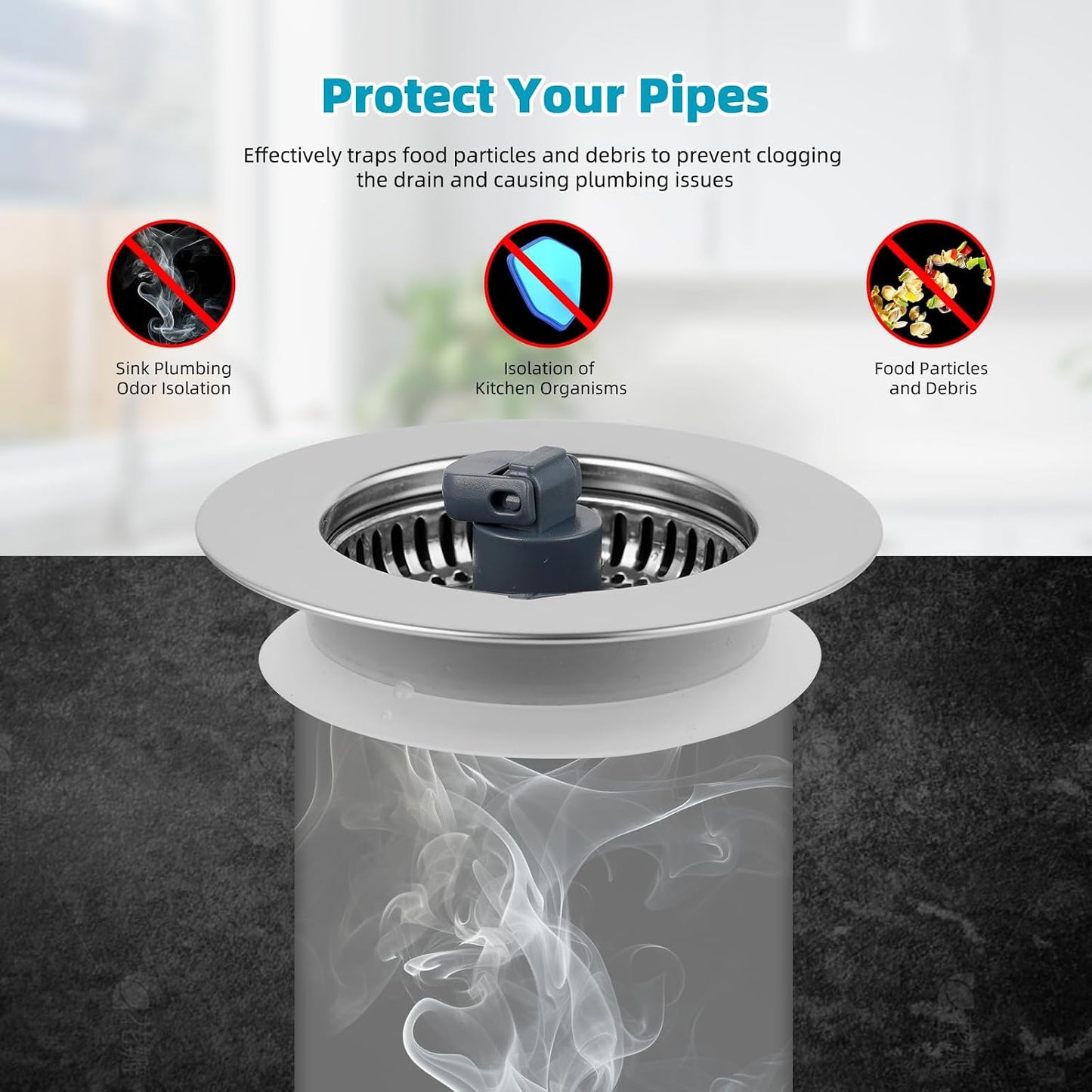 Hibbent 3 in 1 Kitchen Sink Drain Strainer, Stainless Steel Wrapped Shell Drain Stopper Combo, Pop Up Sink Stopper, 3 Anti-Clogging Basket Strainer with Foldable Handle for US Standard 3-1/2" Drain