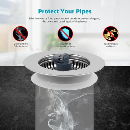 Hibbent 3 in 1 Kitchen Sink Drain Strainer, Stainless Steel Wrapped Shell Drain Stopper Combo, Pop Up Sink Stopper, 3 Anti-Clogging Basket Strainer with Foldable Handle for US Standard 3-1/2" Drain