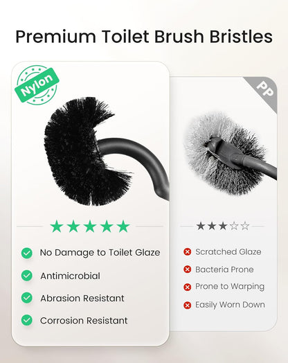 Cesun Toilet Brush and Holder Set with 2 Brush Heads, Curved Toilet Bowl Brush for Under Rim Cleaning, 304 Stainless Steel Holder, Long Handle Toilet Scrubber, Black