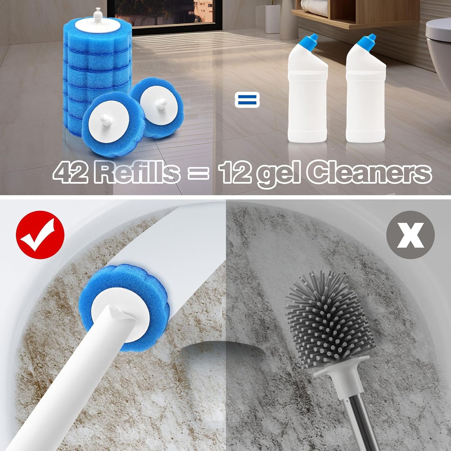 JEHONN Disposable Toilet Brush with 48 Wand Cleaner Refills, Wall Mounted Toilet Bowl Brush Holder Set, Bathroom Cleaning System for Sink Bathtub Wash Basin (Blue)