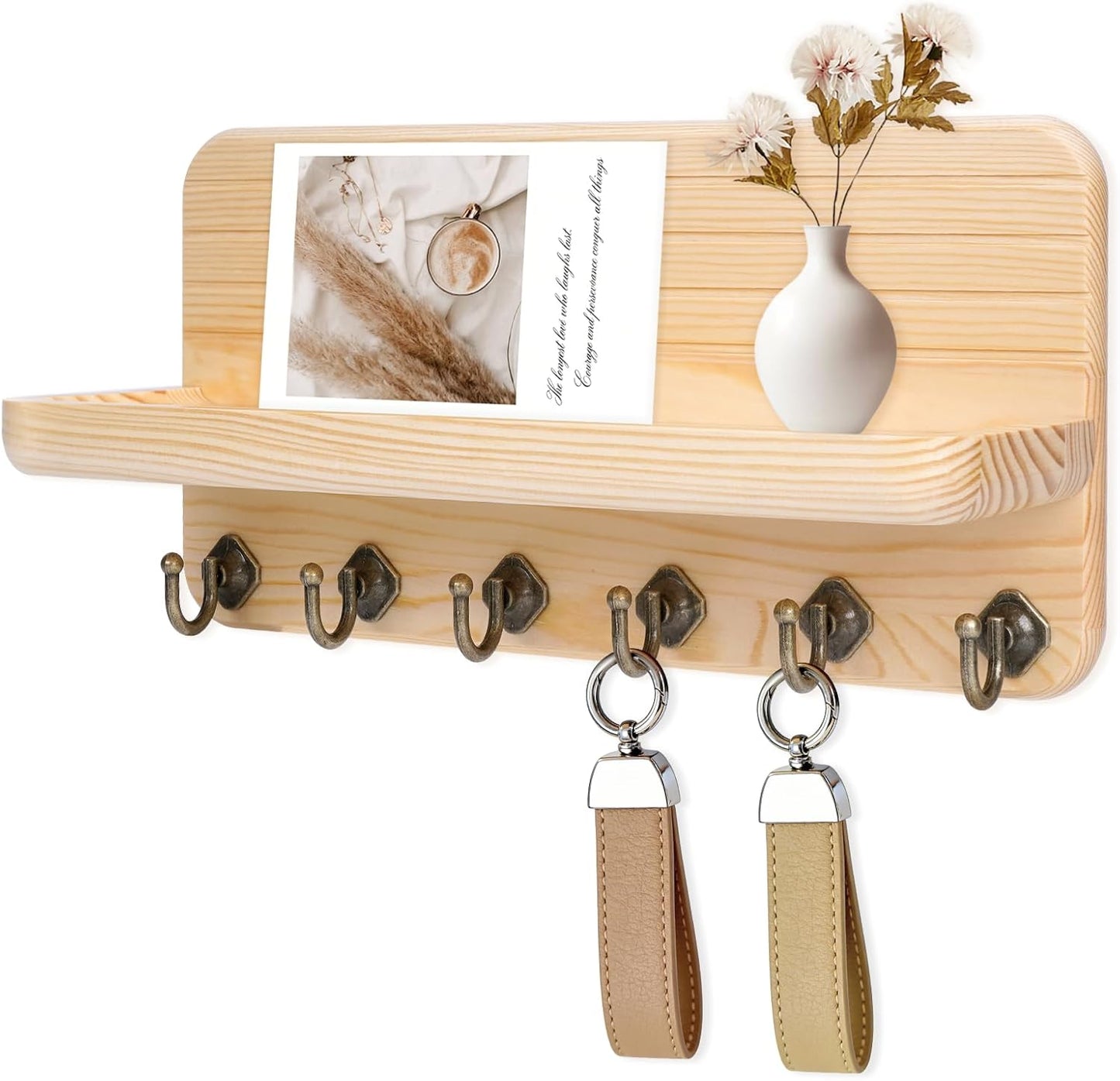 Key Holder for Wall, Mail Organizer Wall Mount with 6 Hooks Wooden Hanging Key Rack for Home Decor, Hallway, Entryway (Brown)