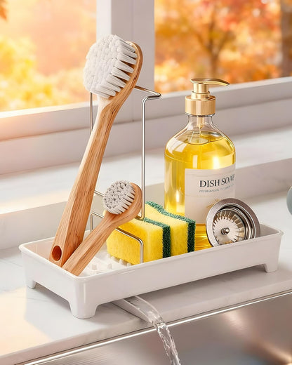 Minimalist Sink Caddy, Rustproof Sponge Holder for Kitchen Sink with 304 Stainless-Steel Brush Holder, Countertop Rack Organizer with Raised Ridges & Silicone Drain Tube (Black, Large)