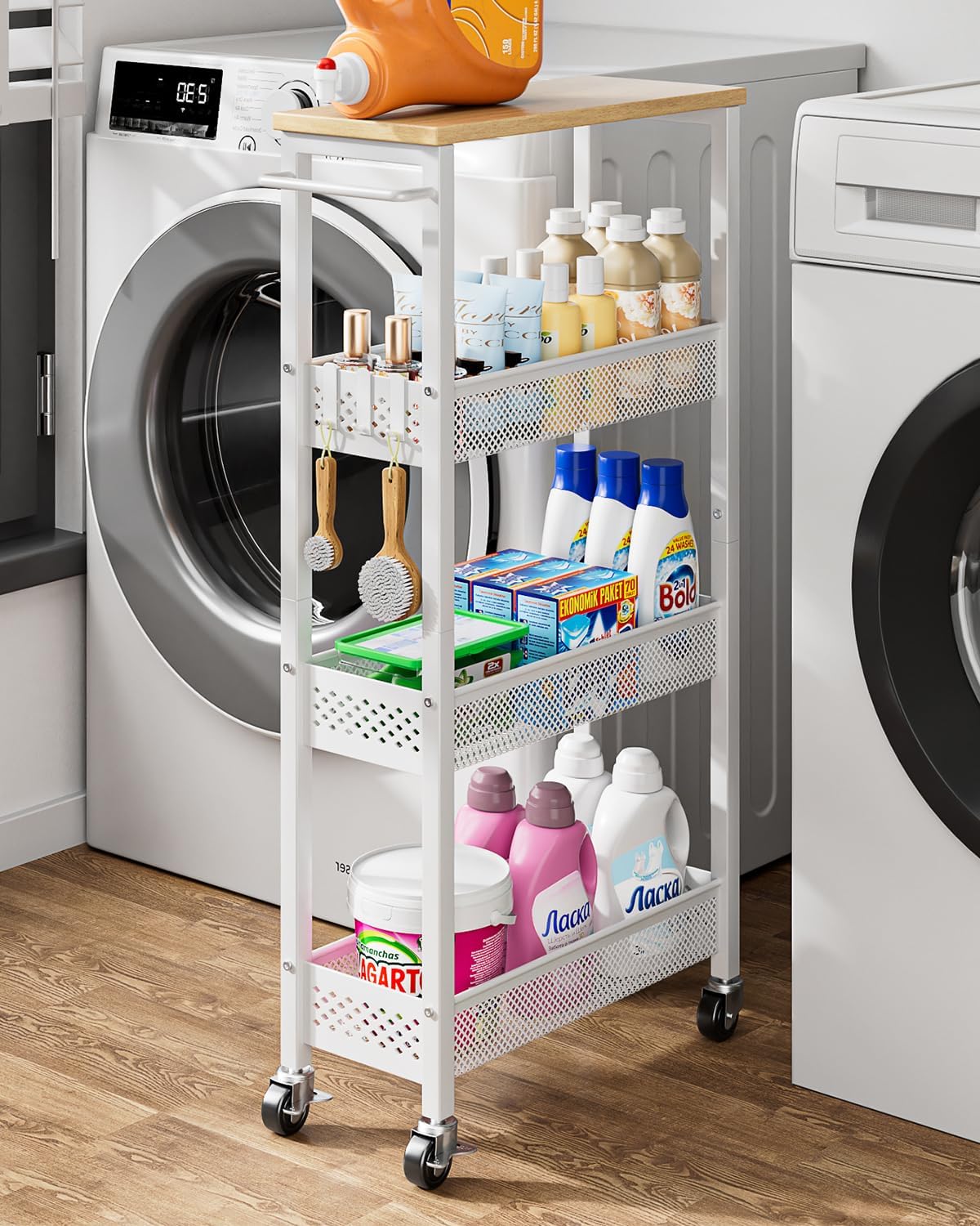 Giwil Slim Storage Cart 5 Tier Narrow Kitchen Rolling Cart on Wheels for Small Space, Metal Utility Cart Narrow Bathroom Storage Cabinet Mobile Shelf Unit Organizer with Wood Top and Handle, Black