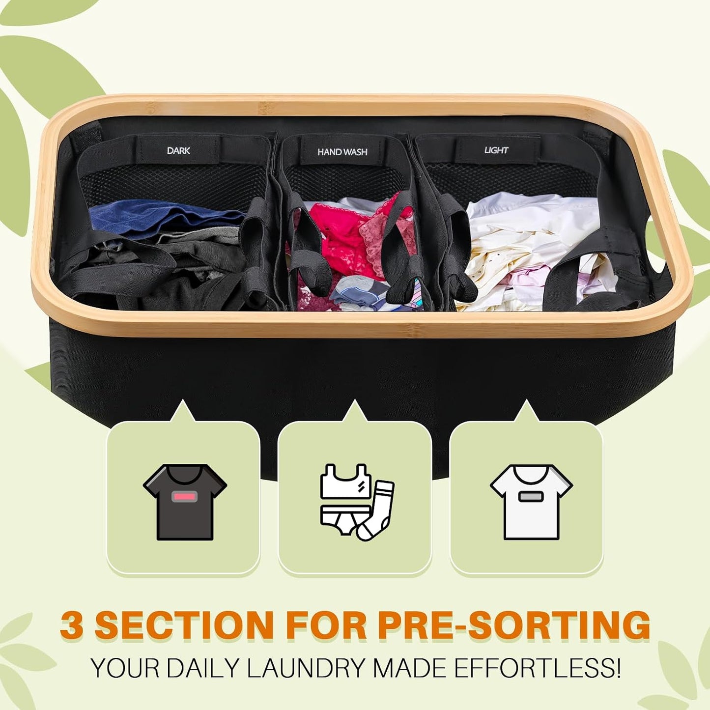 160L Laundry Hamper with Lid, 3 Section Laundry Basket with 3 Removable Bag | Clothes Hampers for Laundry with Bamboo Frame Handle, Large Dirty Clothes Hamper for Laundry Room, Bathroom, Bedroom, Black