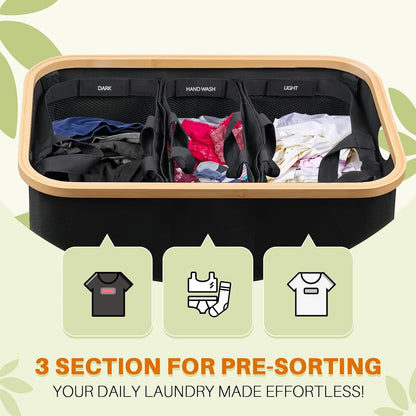 160L Laundry Hamper with Lid, 3 Section Laundry Basket with 3 Removable Bag | Clothes Hampers for Laundry with Bamboo Frame Handle, Large Dirty Clothes Hamper for Laundry Room, Bathroom, Bedroom, Black