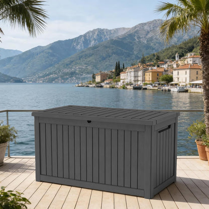 Outdoor Waterproof Resin Storage Deck Box Lockable Outside Bench UV Resistant Bin Patio Porch Furniture Pool Float Garden Tool Cushion (Black, 85 Gallon)