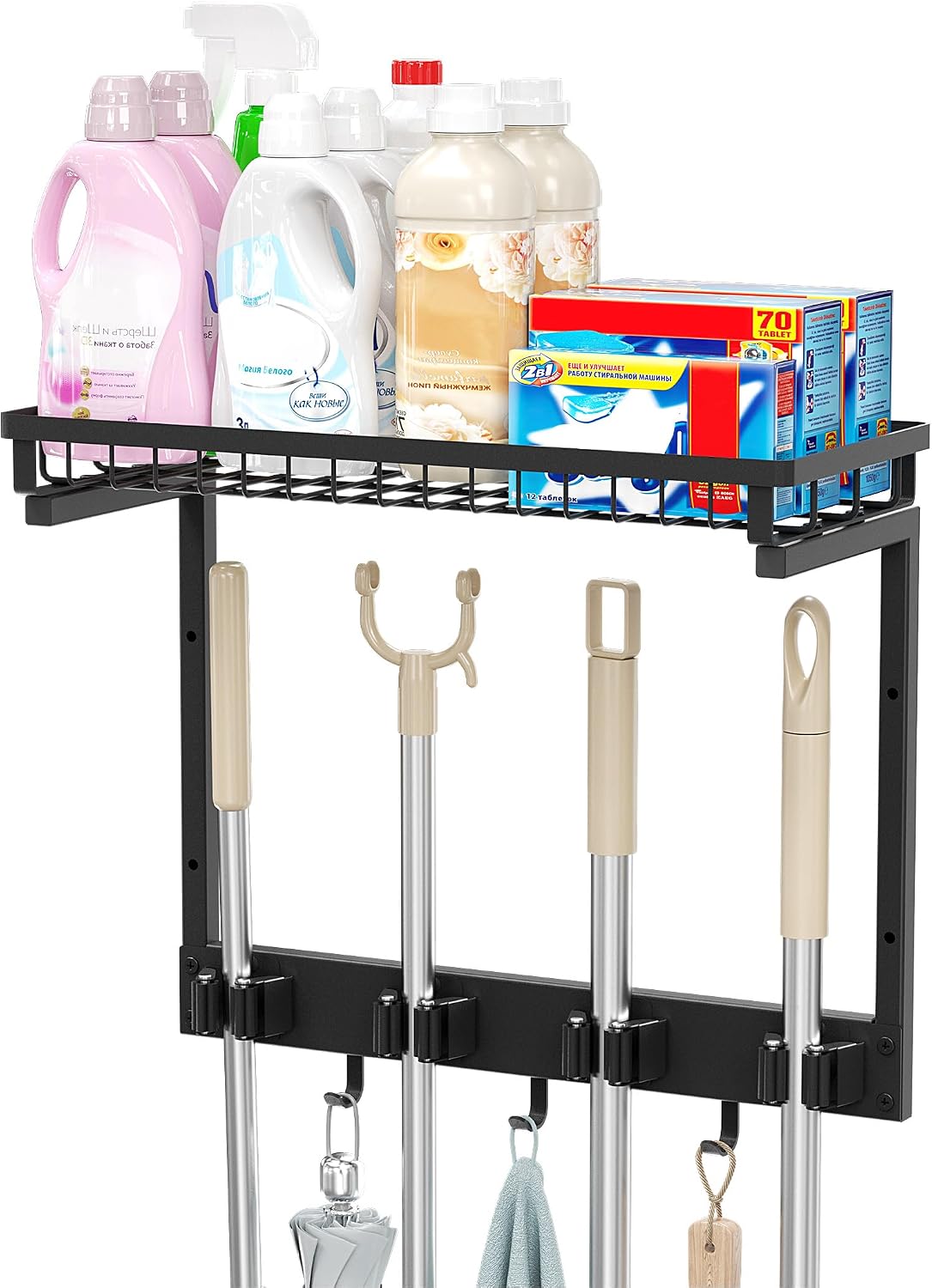 XLP Heavy Duty Broom Holder Wall Mount, All-Metal Cleaning Supplies Organizer & Mop Holder, Space Saving Wall Hanging Rack with Hooks for Home, Garage, Laundry Room - Black