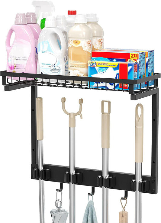 XLP Heavy Duty Broom Holder Wall Mount, All-Metal Cleaning Supplies Organizer & Mop Holder, Space Saving Wall Hanging Rack with Hooks for Home, Garage, Laundry Room - Black