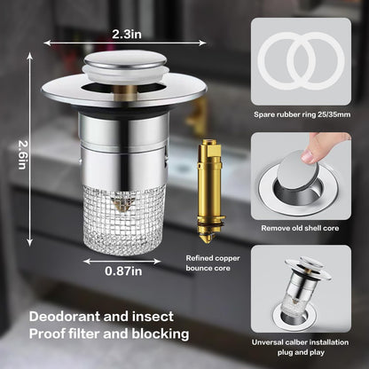 Bathroom Sink Strainer, 3 in 1 Sink Stopper Hair Catcher with Basket, Pop-up Sink Drain Strainer with Removable Stainless Steel Strainer, Replacement Sink Plug for US Bathroom Sink Stopper