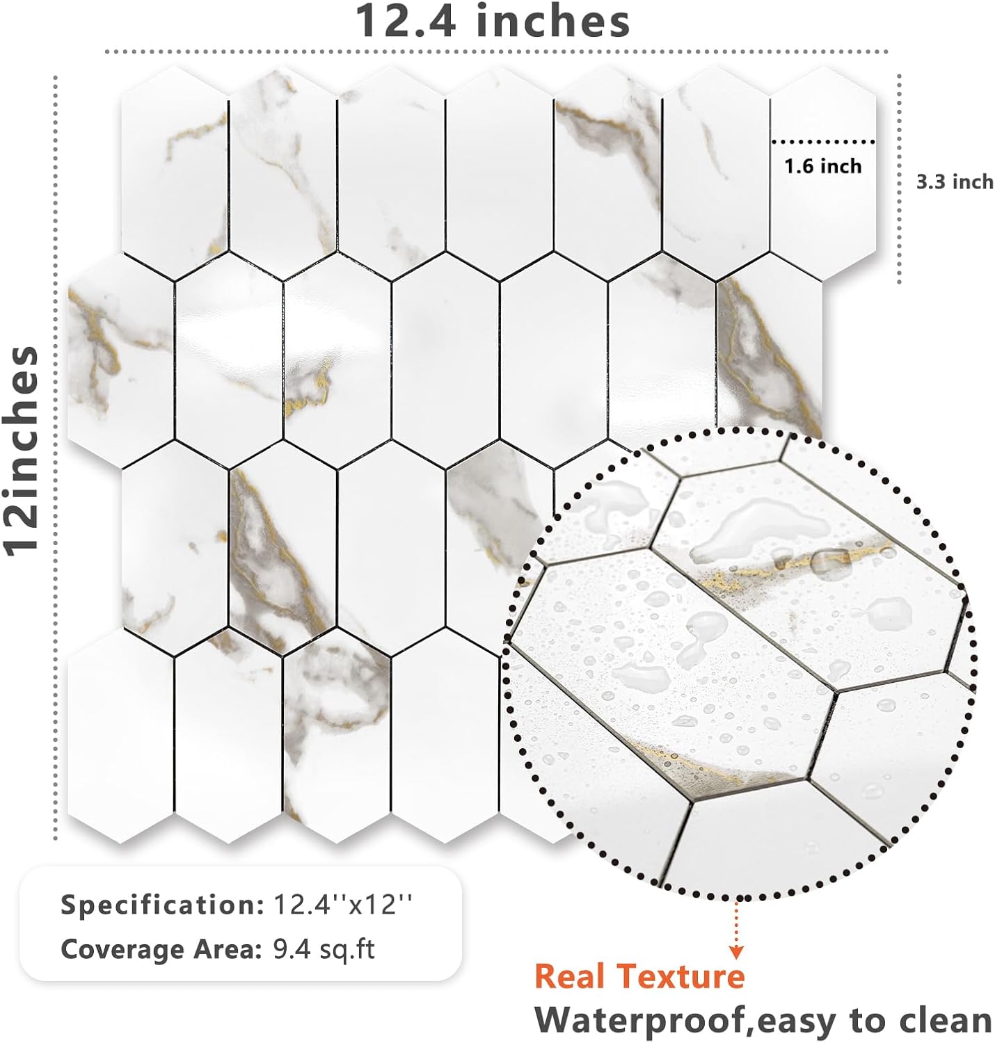 Vamos Tile Long Hexagon Peel and Stick Backsplash Tile - 10 Sheets Stick on Backsplash for Kitchen and Bathroom 12.4 x 12 Inch Glossy Wood Grain PVC Self Adhesive Mosaic Wall Tiles