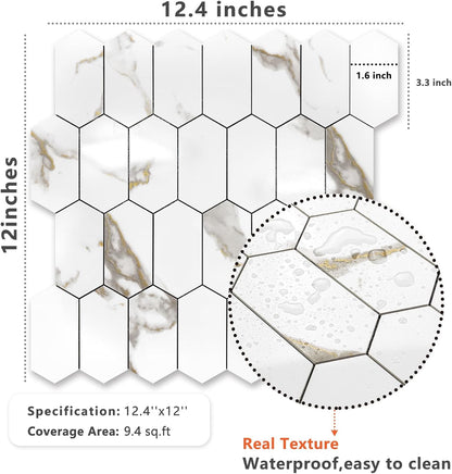 Vamos Tile Long Hexagon Peel and Stick Backsplash Tile - 10 Sheets Stick on Backsplash for Kitchen and Bathroom 12.4 x 12 Inch Glossy Wood Grain PVC Self Adhesive Mosaic Wall Tiles