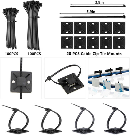 ELII 300PCS Cable Management Kit,4 Cable Sleeve 35 Cable Clips | 11Cord Holders,20 Roll Cable Organizer Straps, 200 Fastening Cable Ties,20 Cable Zip Tie Mounts for Computer TV Under Desk