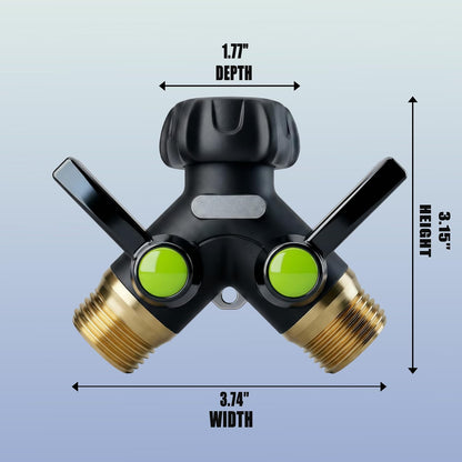 Garden Hose Splitter 2 Way Heavy Duty with Shut Off Valves,3/4" GHT | Large Ball Valve Design Helps Reduce Water Pressure Loss During Dual Outlet Use, TPR-Coated Grip Surface