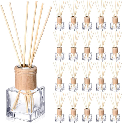 Roshtia 4 Set Reed Diffuser Bottle Empty Refillable Fragrance Glass Diffuser Bottles with Wooden Caps Rattan Sticks 50ml 1.7 oz Glass Jars for DIY Fragrance