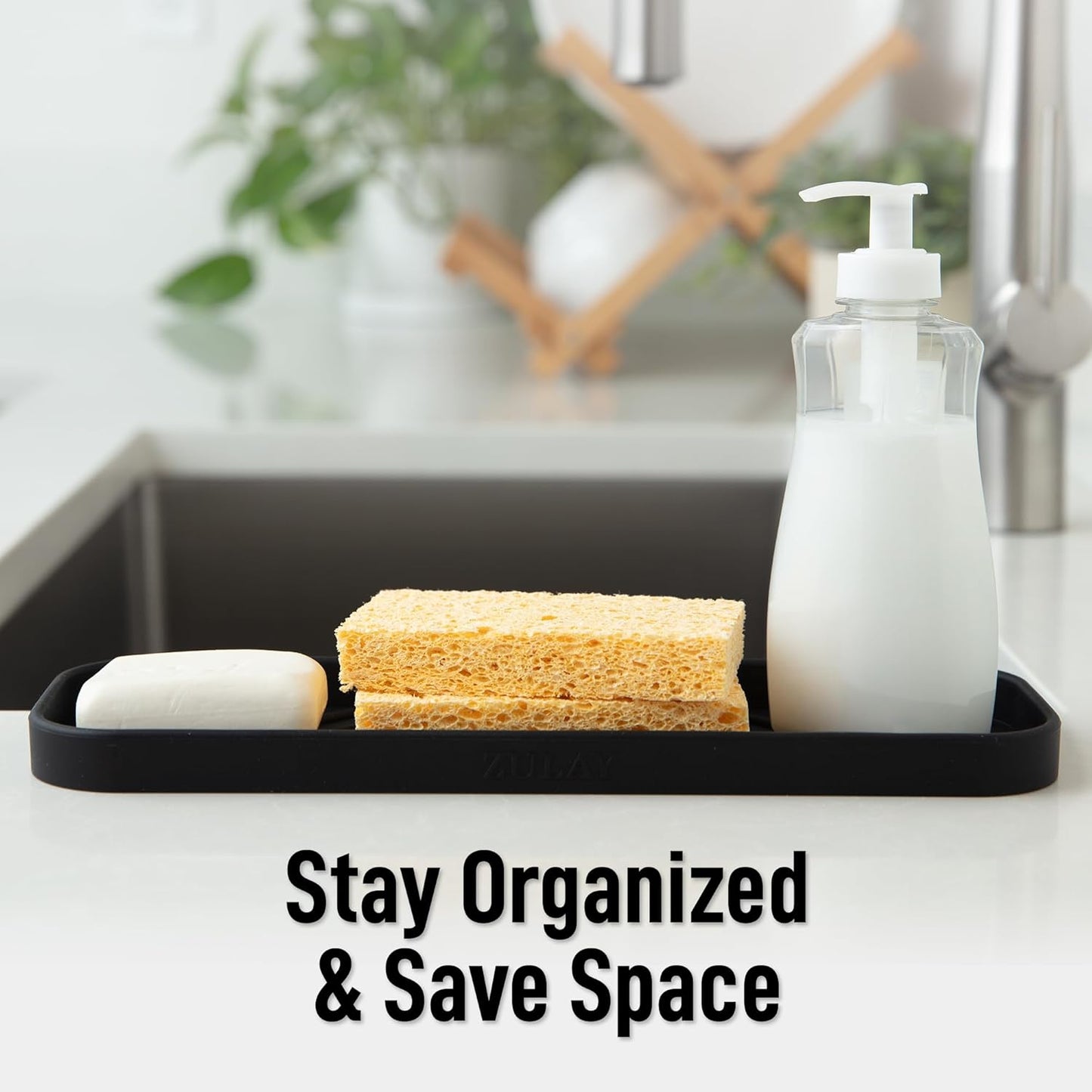 Zulay Kitchen (9x3.5in) Sponge Holder for Kitchen Sink - Flexible Heavy-Duty Multipurpose Sink Caddy - Counter Organizer for Kitchen, Bathroom, Makeup, Trinkets & More! (Grey)